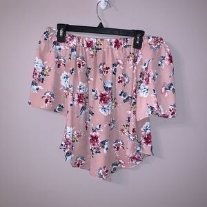 Pink rose off the shoulder pink blouse with blue floral design size small